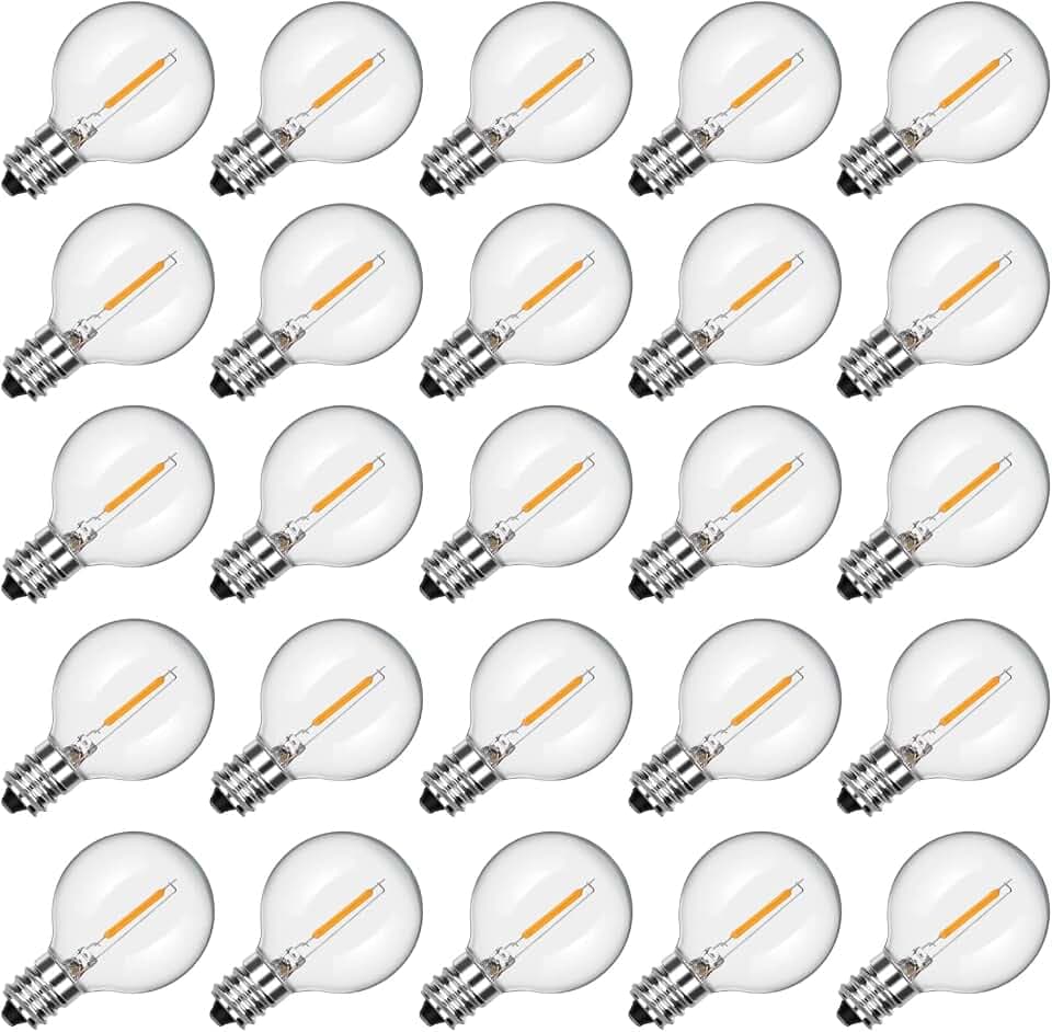 SUNSGNE 25 Stück G40 LED Ersatzbirnen, E12 Schraubsockel Bruchsichere LED-Kugellampen, G40-Ersatzbirnen für Außen-Lichterketten, Party Terrassen-Hochzeitsdekorationen, 0,6 Watt, 2700K Warmweiß