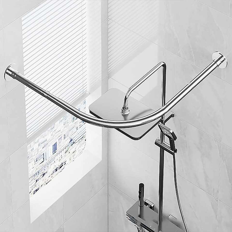 Verstellbare L Form Duschvorhangstange, Gebogene Viertelkreis Duschvorhangstange Edelstahl, Eckdusche Rund-Duschstange Ohne Bohrer, Für Badezimmer Dusche Bade(Size:D 70-95cm x 105 -165cm,Color:Silber)