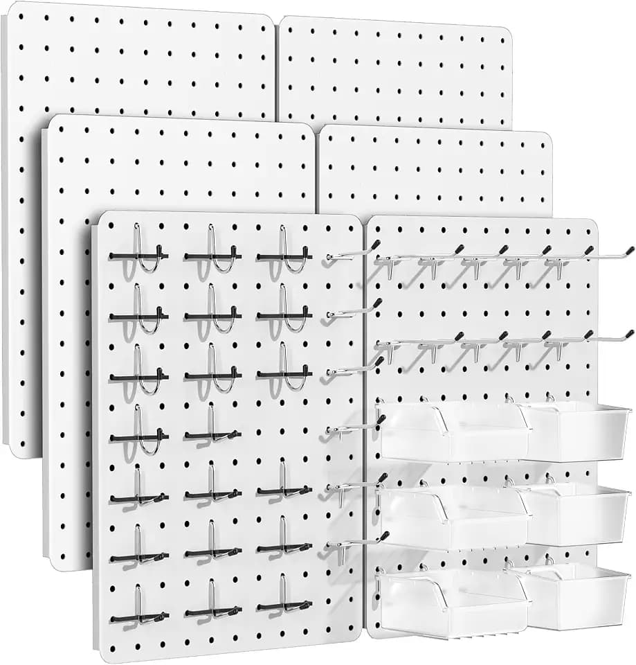 Pegboard Organizer Kit,6 Pack 14.76x10.82 in Metal Panels with 6 Bins,White