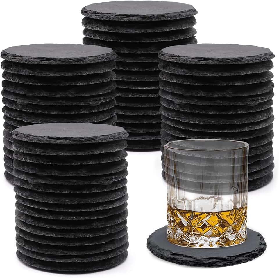 VIBRATITE 60 Pack 4 Inch Round Black Slate Drink Coasters