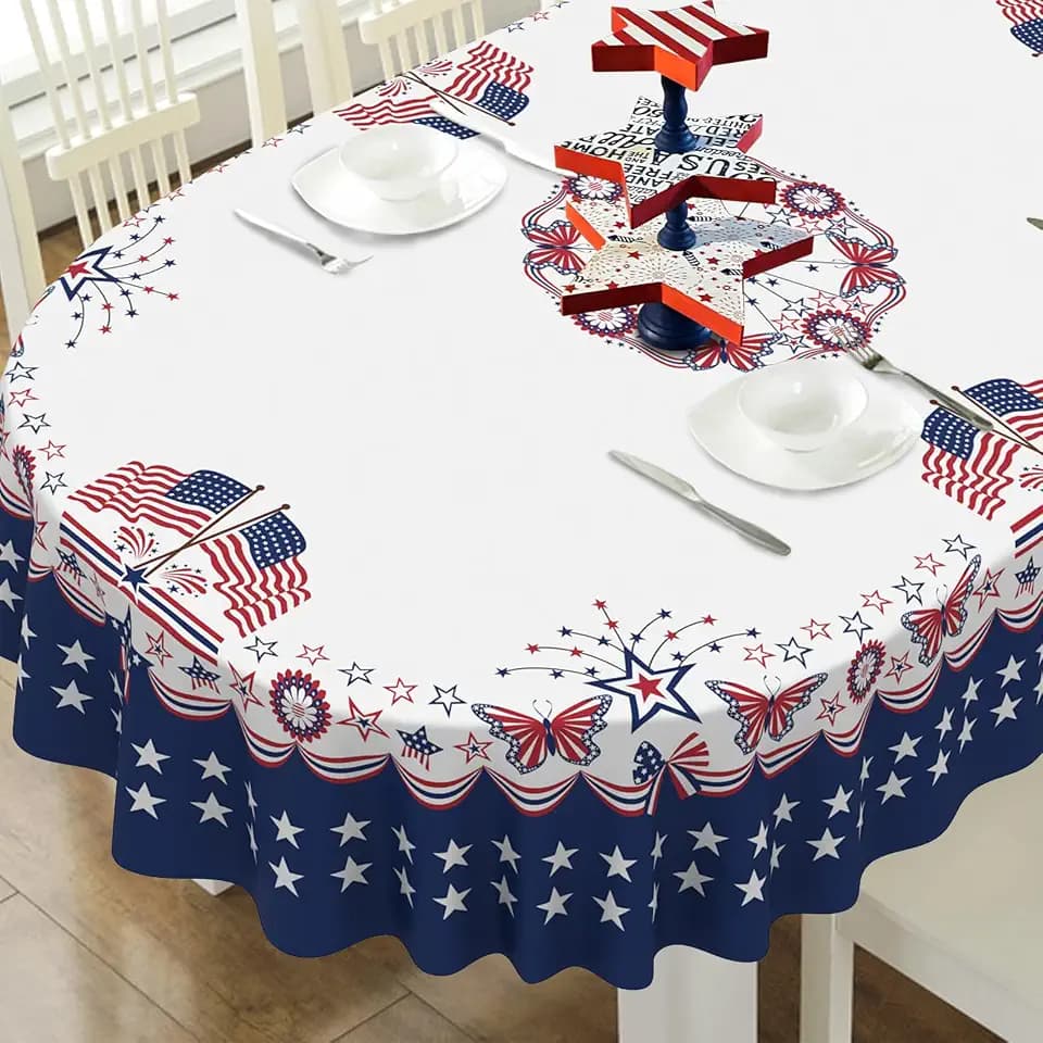 4th of July Tablecloth American Flag and Star Table Cloths 60x120 Inch, Red, White and Blue Patriotic Tablecloths for Dining, Kitchen, Picnic and Patio-Oval