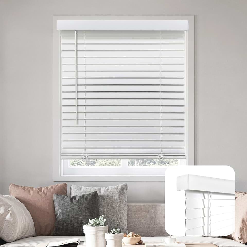 DEZ FURNISHINGS Cordless 2" Smooth Faux Wood Blind, 30" W x 48" H, Smooth White