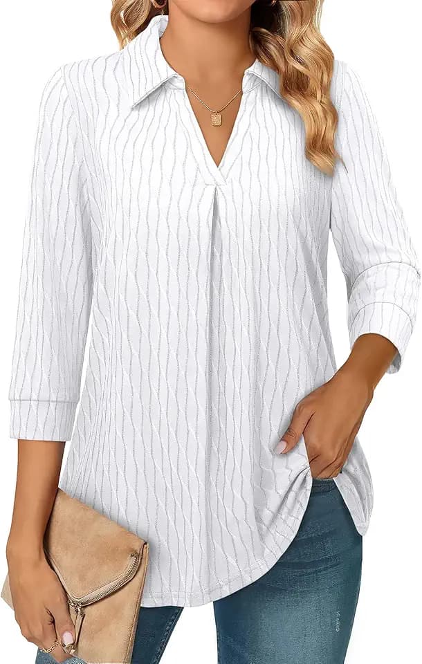 Amrto Bluse Damen Elegant 3/4-Ärmel V Ausschnitt A-Linie Longbluse Longshirt mit Revers Kragen, Casual Elegant Lose Sommer Damenbluse Oberteil für Büro Business