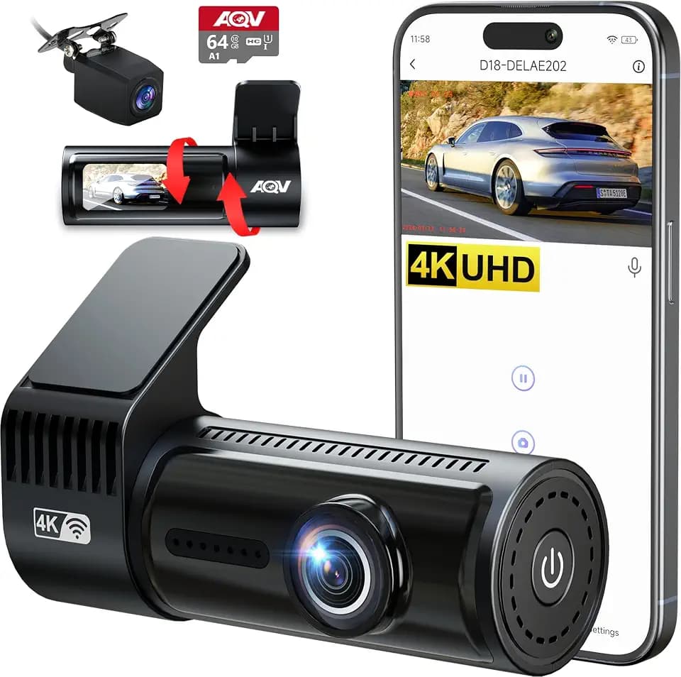 Dashcam Auto Vorne und Hinten 4K mit WiFi Autokamera mit 64GB SD Karte, Loop-Aufnahme, G-Sensor, APP Steuerung, Super Nachtsicht, 170°+140° Weitwinkel, Sicherere Superkondensator, Parküberwachung