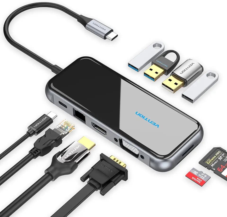 VENTION USB C Docking Station Dual Monitor - 10 in 1 USB C Hub Multiport Adapter with 4K HDMI VGA 100W PD 4 USB Ports Gigabit Ethernet SD/TF Card Reader for MacBook Pro Air Dell XPS HP