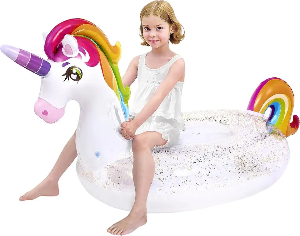 JOYIN Wasser Pool Luftmatratze Kinder, Aufblasbare Einhorn Pool Floß mit Glitzern, Spaß Strand Aufblasbare Schwimmsitze Erwachsene, Sommer Party Floß Dekorationen für Kinder 175cm*75cm*85cm