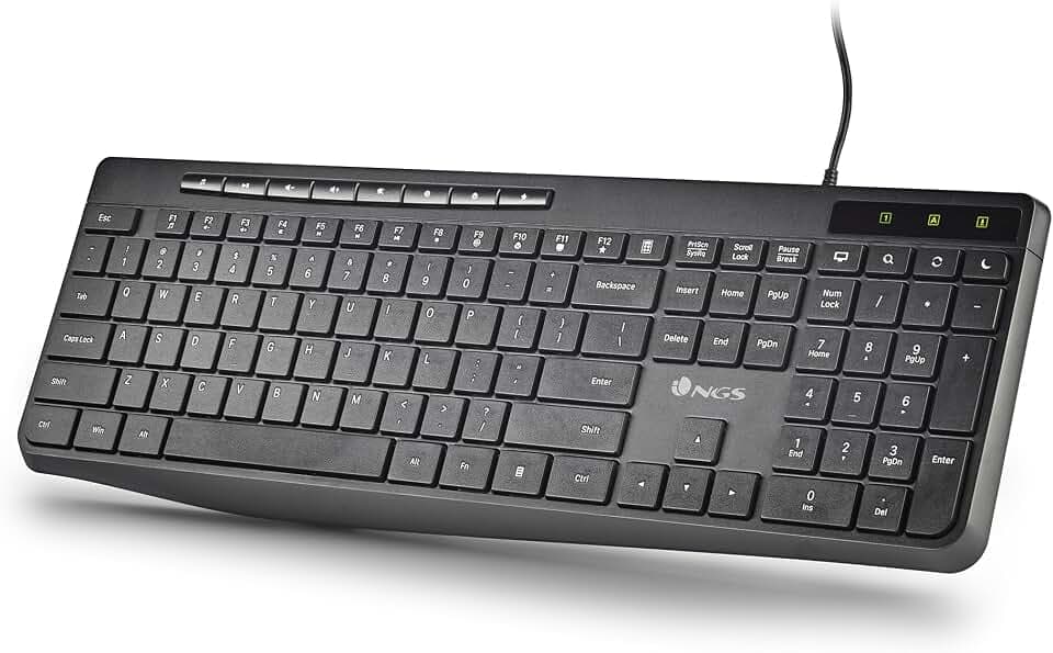 NGS Spectra – Kabelgebundene Computer-Tastatur, flach über USB, spanisches QUERTY-Layout, leise und schlank, 20 Multimedia-Tasten, spritzwassergeschützt, LED-Anzeigen, Plug & Play
