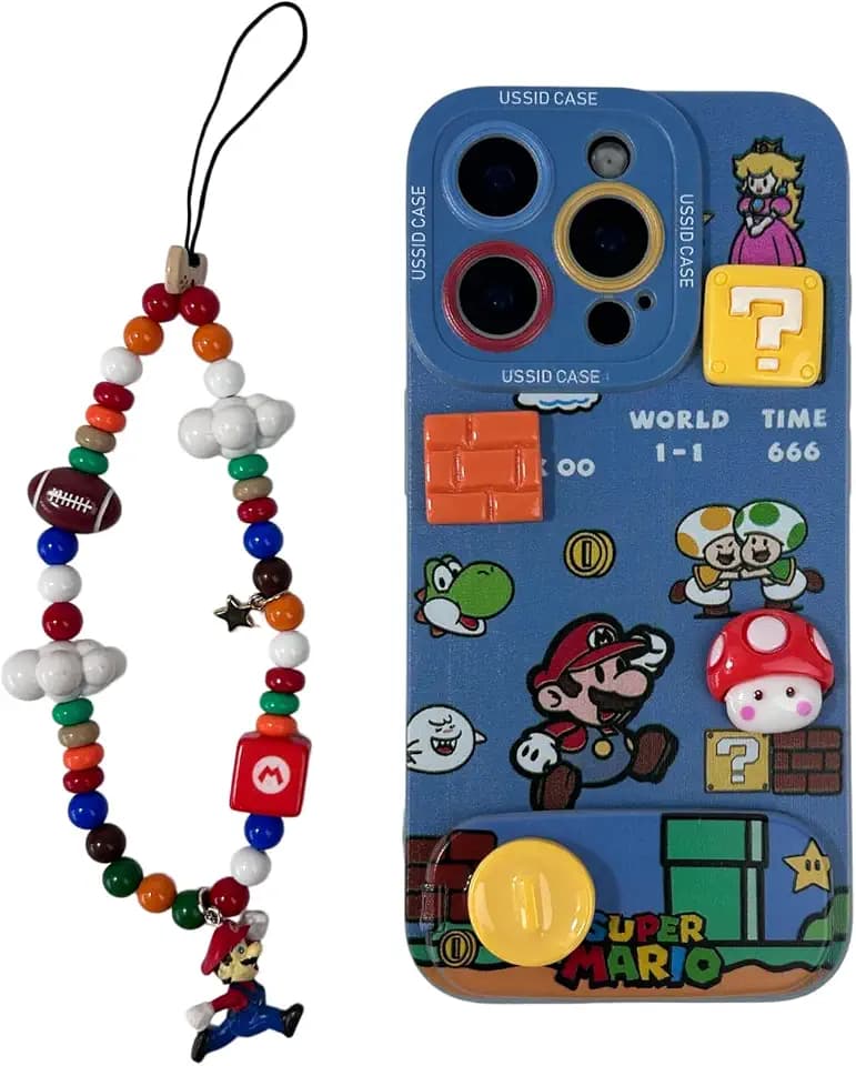 Mario Phone Case for iPhone 14 Pro Max with Mario Beaded Strap & Flip Mirror Kickstand, Cute Cartoon Shockproof Protective Cover with Peach Princess & Mushroom 3D Design (14pm)