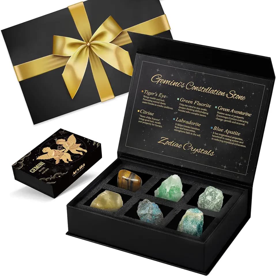 Gemini Birthday Gifts for Women, Gemini Crystals Birthstones Gifts Box Set with Gift Wrap Ribbon Bow Greeting Card - Zodiac Gifts Astrology Gifts Birthday Gifts for Her Mother Sister Best Friends