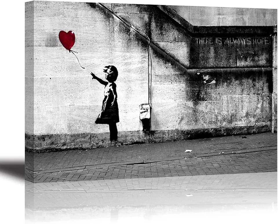 Piy Painting Banksy Druck auf Leinwand Mädchen mit rotem Ballon, Kunst Graffiti HD Bild Malerei Wandbilder Wasserdicht Fertig Zum Aufhängen Moderne Dekoration für Zimmer Geschenk 30x40cm