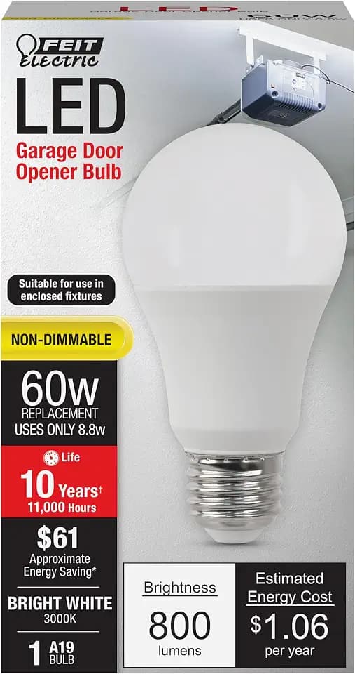 Feit Electric A19 LED Light Bulb, 60-Watt Equivalent Garage Bulb, 800 Lumens, E26 Medium Base, 3000K Bright White, Instant On, General-Purpose Household Lighting, 11,000-Hour Lifetime, 4 Pack