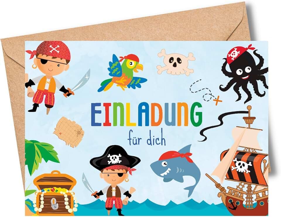 MeinBaby123® 10 Einladungskarten Kindergeburtstag Piraten | Geburtstagseinladungen für Jungs | Piraten Einladungskarten | inkl. 10 Briefumschläge | Premium Qualität (Piraten V2)