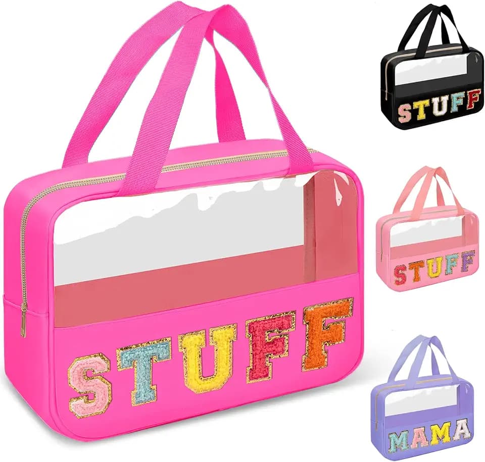 Chenille Letter Clear Makeup Bags Stuff Tote, Preppy Patch Makeup Bag Zipper with Handle, Waterproof PVC & Nylon Portable Glitter Large Cosmetic Travel Toiletry Storage for Women Girls(STUFF-Rose)