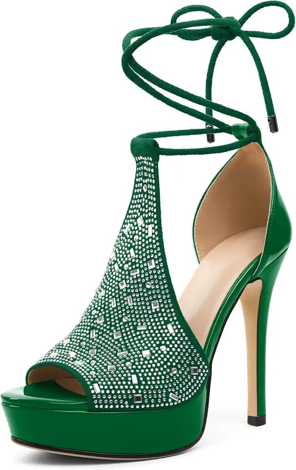 AUMOTED Women's Platform Stilettos Rhinestone Strappy Lace Up High Heels Sexy Peep Toe Pumps Sandals for Evening Dress