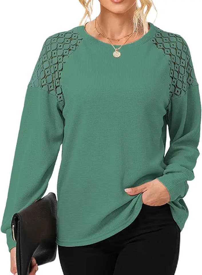 SYKT Damen Rundhals Langarm Einfarbig Waffelstrick Spitze Patchwork T-Shirt Elegante Oberteile Bluse Casual Pullover Basic Tops