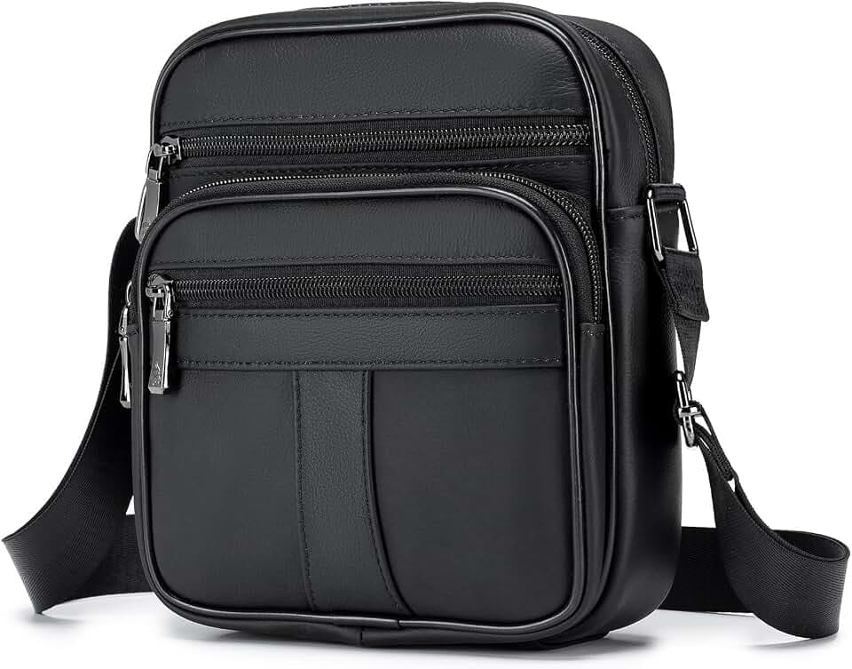 SPAHER Umhängetasche Herren Klein, Schultertasche Leder Vintage Herrentasche zum Umhängen Schwarz Crossbody Bag für Arbeit Reise Alltagsleben