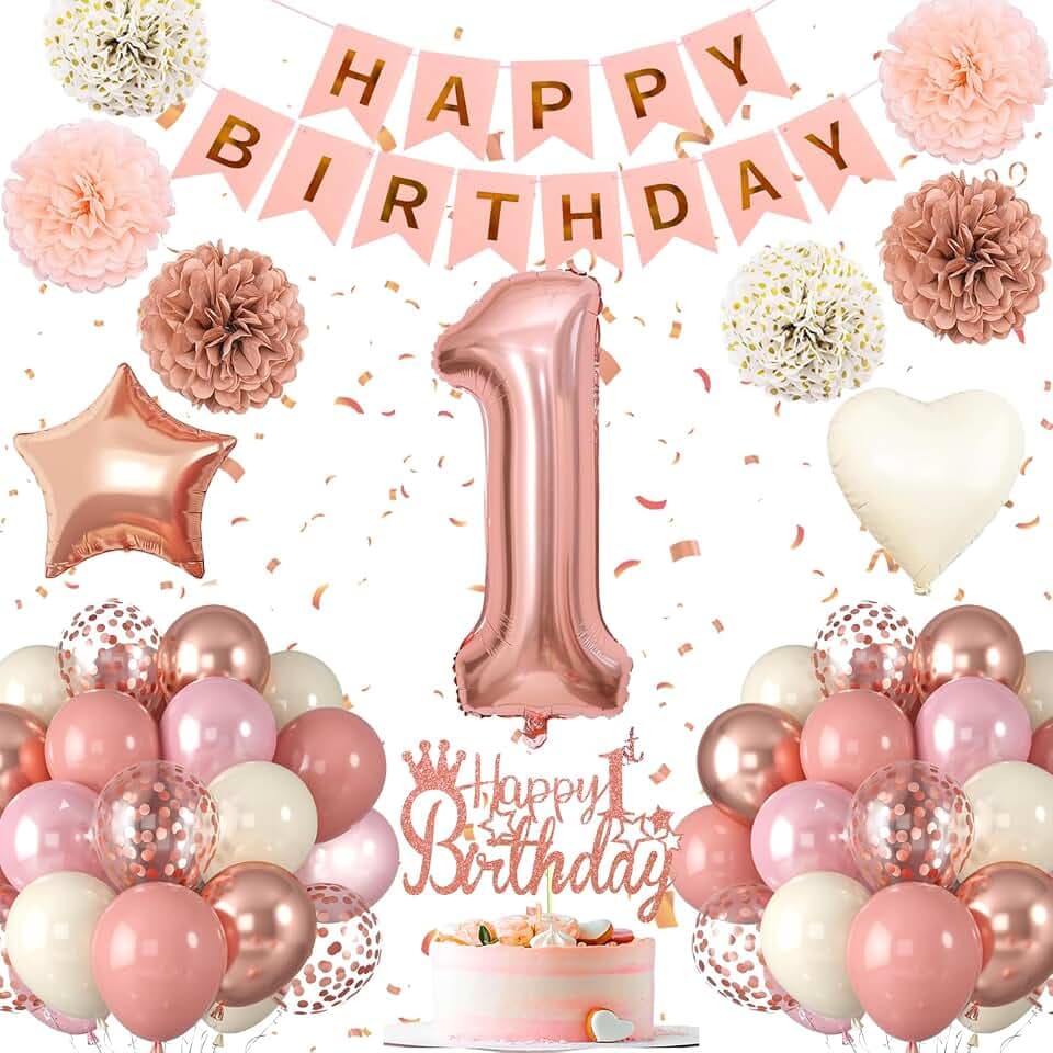 1.Geburtstag Dekoration,1 geburtstag Mädchen Rosa Rosegold,Geburtstagsdeko 1 jahre Mädchen,Luftballons 1.geburtstag Happy Birthday Girland Ballon 1 Deko zum Geburtstags, Geburtstagsdeko 1Jahr