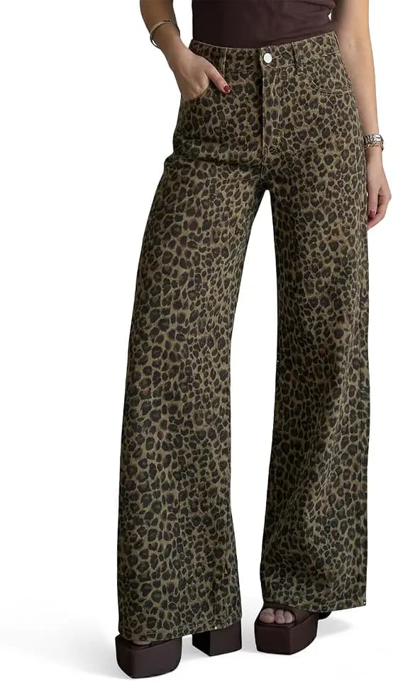 Cicy Bell Womens Wide Leg High Waisted Leopard Baggy Stretchy Jeans
