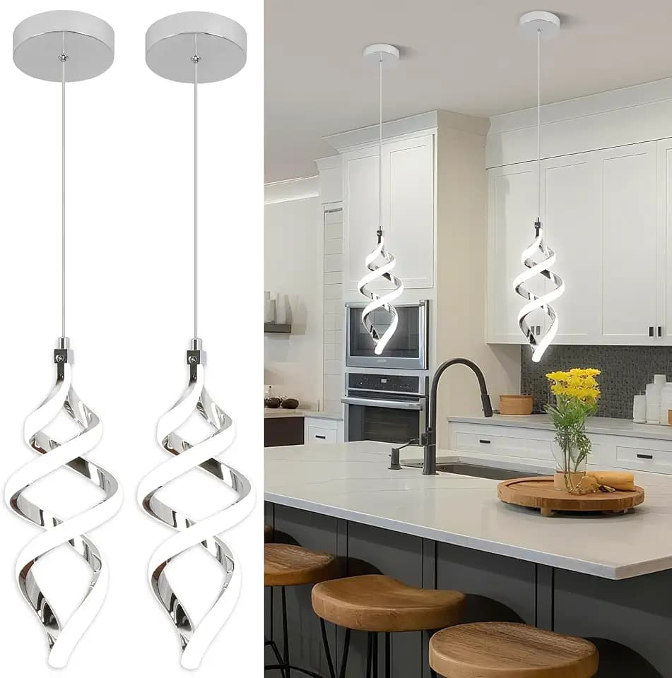 Modern Led Pendant Light Fixture, 15W Chrome Spiral Led Chandelier Hanging Lamp, 4500K Daylight White Pendant Lamp, Adjustable Height Pendant Light for Dining Room Bedroom Kitchen Island Cafe(2 Pack)