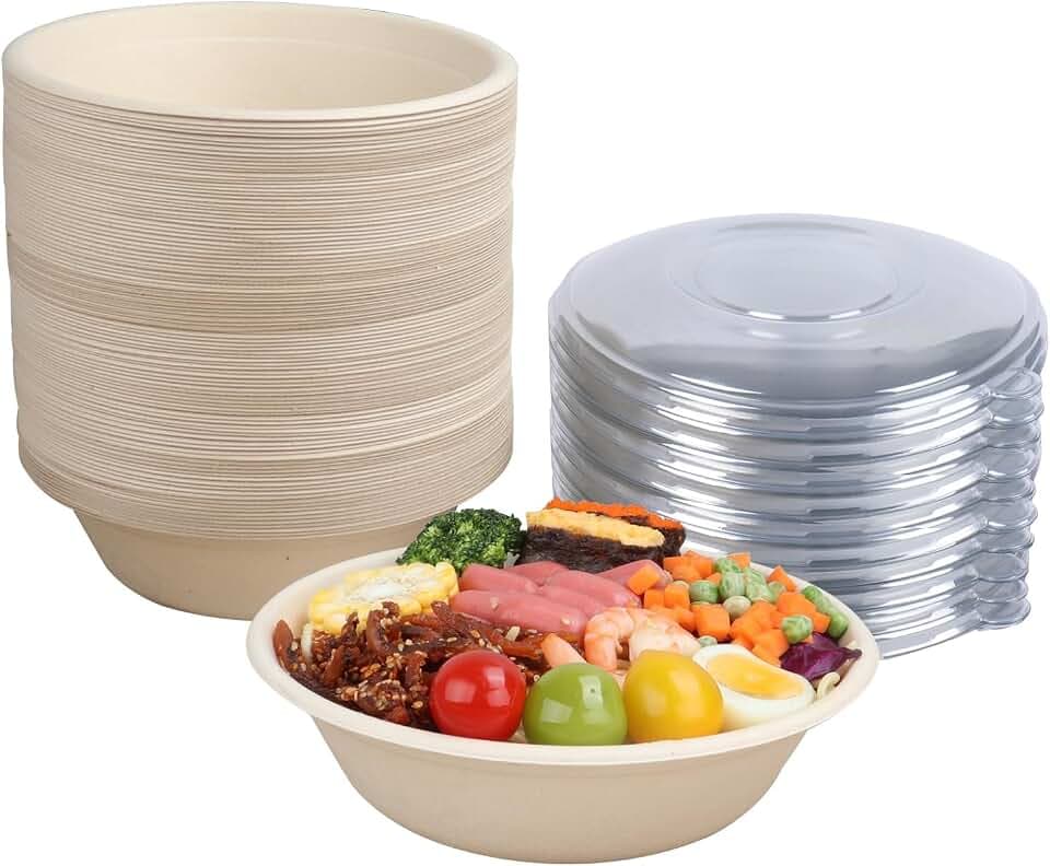 32 oz Disposable salad bowls with lids Bagasse food storage 50 Pack