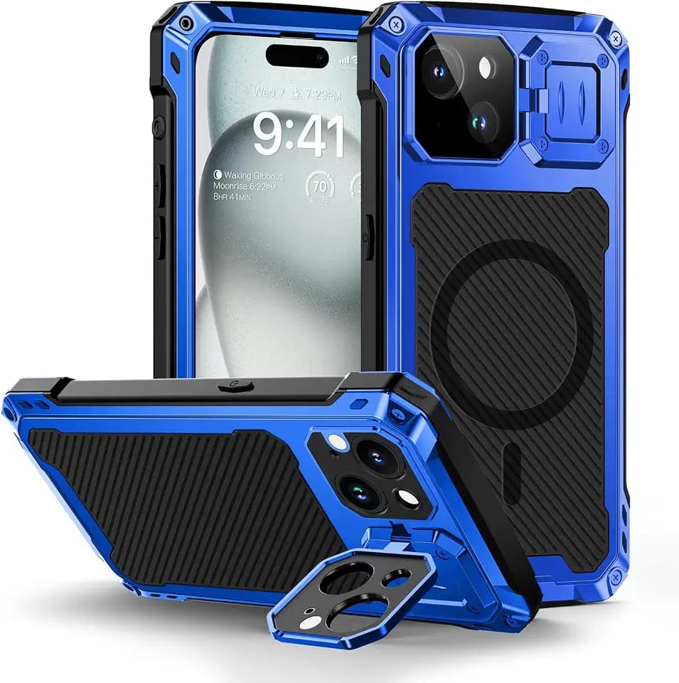 Lanhiem for iPhone 15 Plus Metal Case, [Built-in Camera Kickstand & Glass Screen Protector] Heavy Duty Full Body Military Rugged Shockproof Magnetic Aluminum Alloy Cover for 15 Plus 6.7" (Blue)