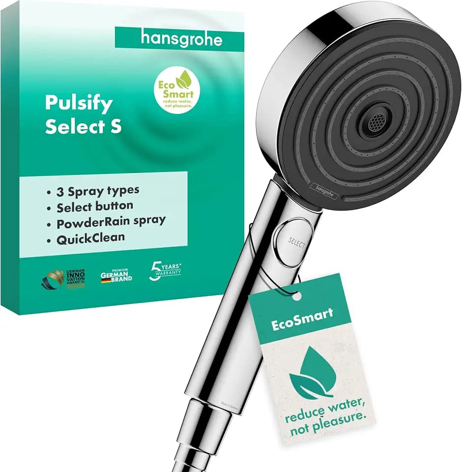 hansgrohe Pulsify Select S - wassersparender Duschkopf 6,9 l/min (EcoSmart), Handbrause mit 3 Strahlarten (Activation Version), Duschbrause, Sparduschkopf mit Antikalk-Funktion, Chrom, 24101000