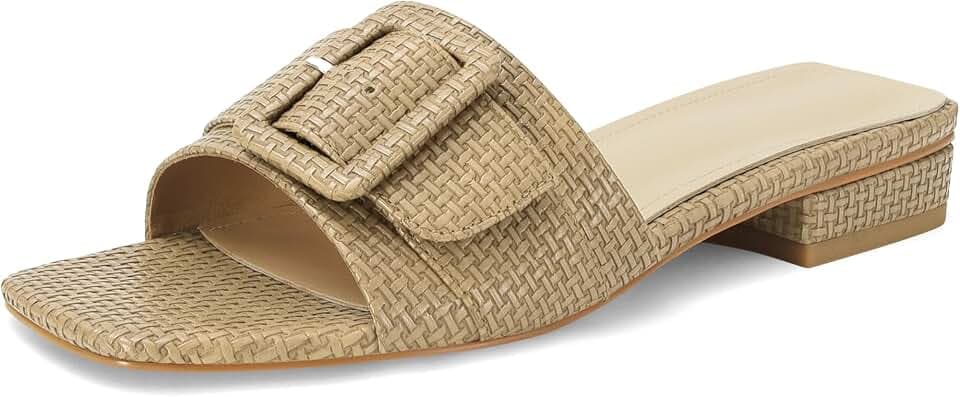 Wnshonzy Raffia Slide Sandals for Women Block Heels Khaki Woven Dressy Sandal Square Open Toe Slipper Slip on Pumps Low Chunky Heel Espadrille Buckle Summer Comfortable Casual Beach Shoes