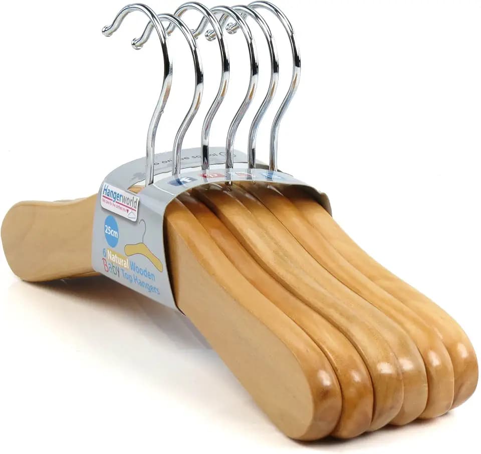 Hangerworld 12 Hochwertige Kinderkleiderbügel aus Holz mit um 360° drehbarem Chromhaken, Breite ca. 25 cm, Naturfarben, für Babies, Kleinkinder und Kinder