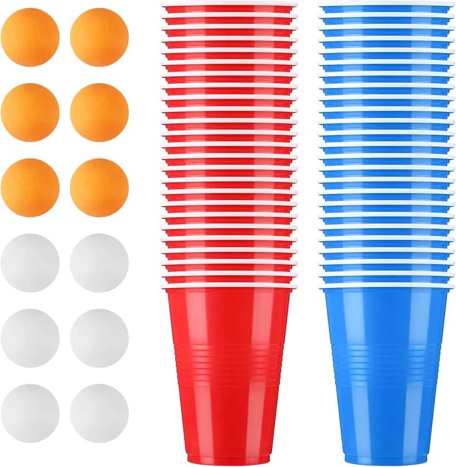 BUCOMTU Becher Set，Becher Partybecher Enthält 50 Becher (16oz) und 12 Tischtennisbälle，mehrweg Becher，Perfekt für Party Partys, Geburtstage, Hochzeiten, Camping