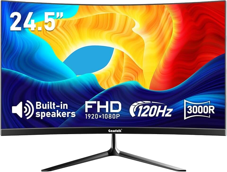 Gawfolk 24,5 Zoll Curved Monitor mit Eingebauten Lautsprechern, 3000R 120Hz PC Gaming Bildschirm Full HD 1920x1080P, HDMI 2.0, VGA, VESA 75 * 75mm