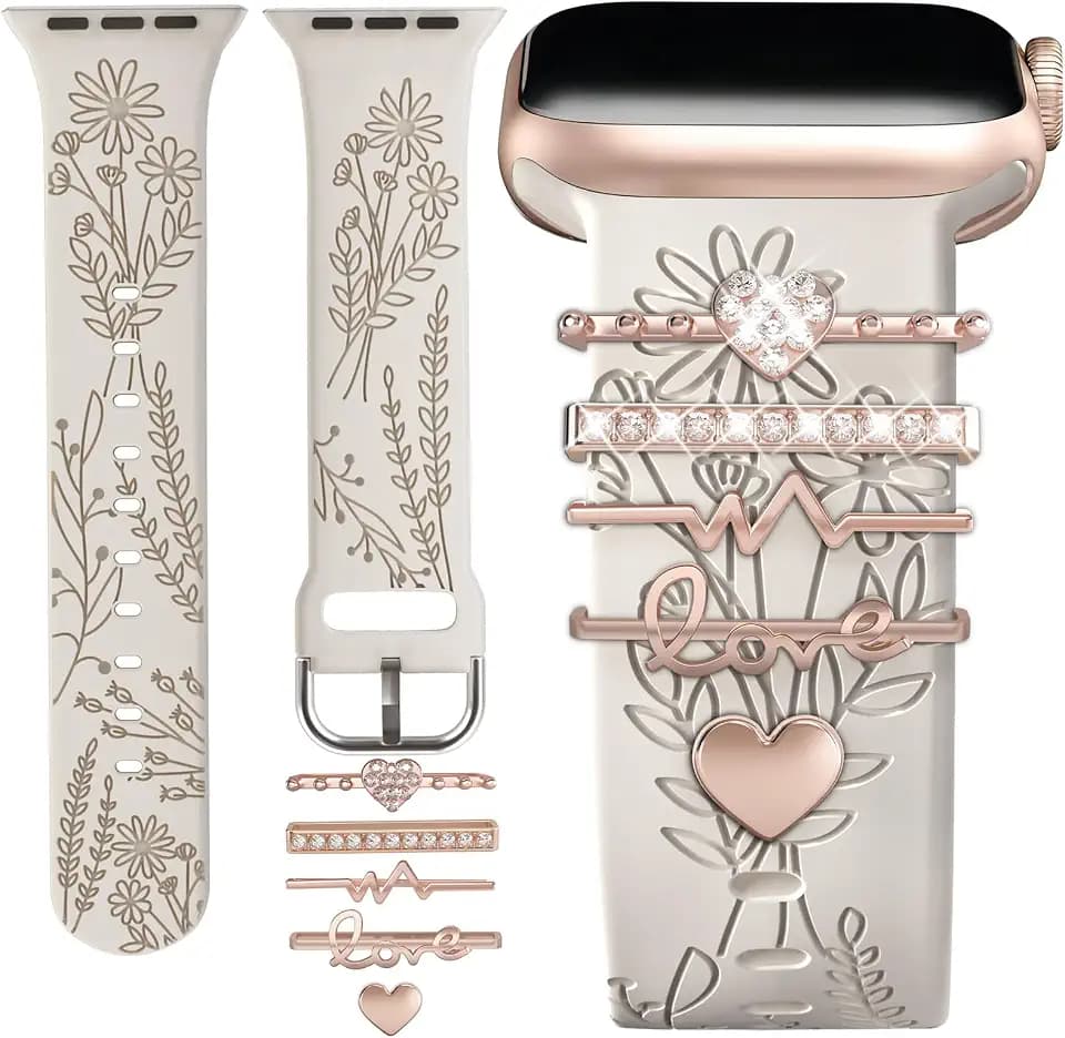 Watch Band Charms (Band Included), Compatible with Apple Watch Band 38mm 40mm 41mm 42mm(S10), Floral Engraved Silicone Straps Accessories for iWatch Bands Ultra 3 2 1 Series se 11 10 9 8 7 6 5 4 3 2 1