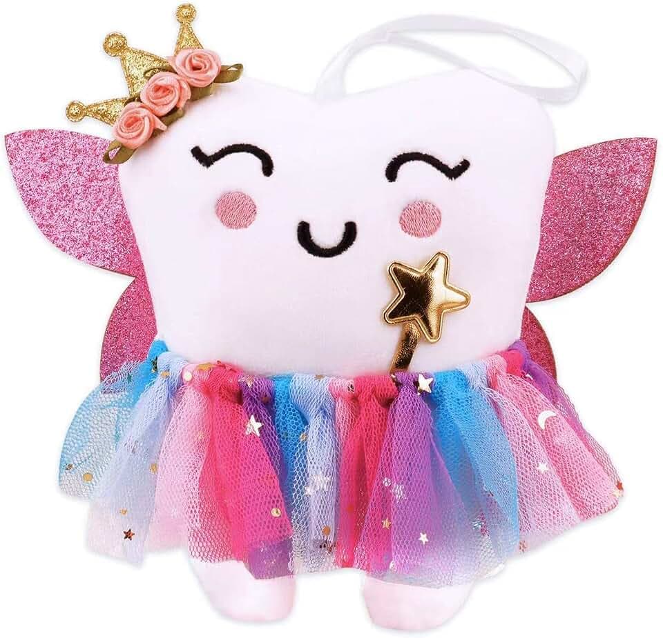 SQIMZAR Tooth Fairy Pillow,Tooth Fairy Plush Dolls for Girls with Pocket and Glittering Wings,Tooth Fairy Gifts Bag Pouch for Girls