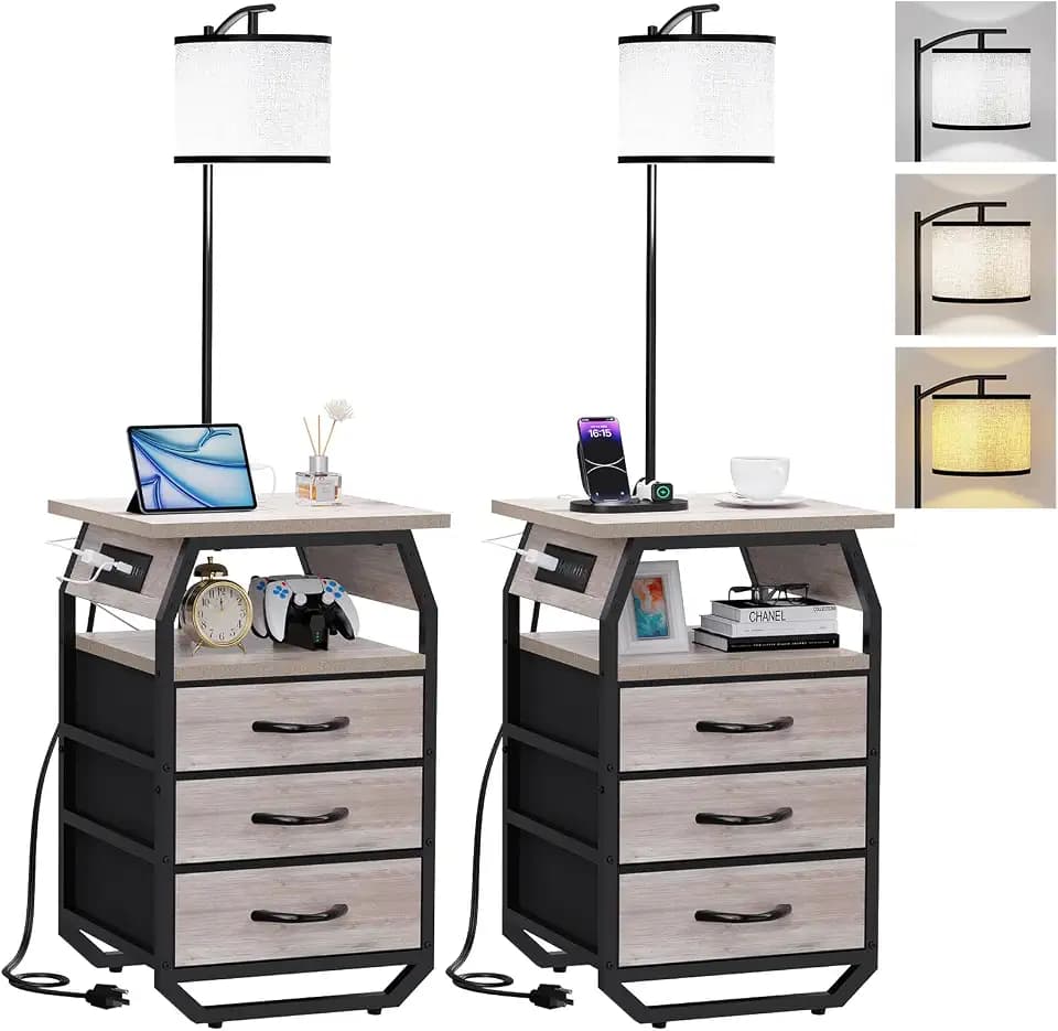runjuly Floor Lamp with Table Set 2, End Table with Light & Charging Greige
