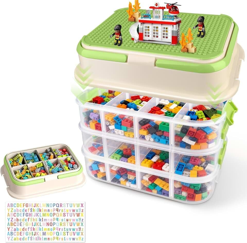 Stapelbare Aufbewahrungsboxen für Legosteine mit Bauplatte und Deckel – Transparente Sortierbox mit 4 Etagen, Bausteine Kiste mit Griffen, Organizer Sortiersystem für Bausteine & Puzzle, Grün