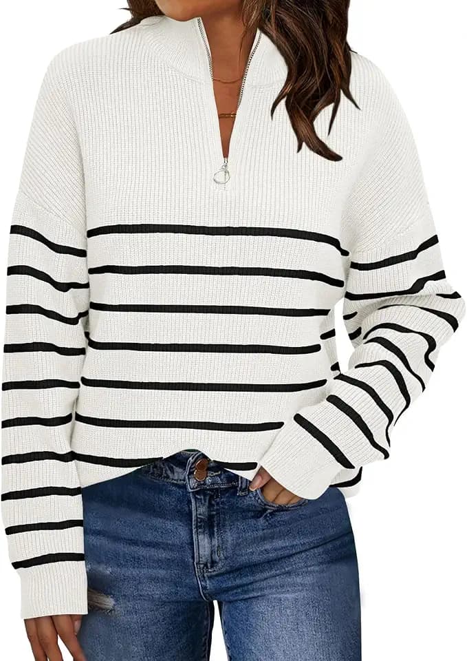 LILLUSORY Damen Pullover mit Viertelreißverschluss, gestreift, übergroß, Mock-Rollkragen, Herbstmode