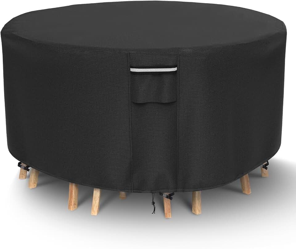 Round Patio Furniture Covers, 500D Heavy Duty Waterproof UV Resistant Cover for Round Outdoor Dining Table & Chairs,62" Dia x 28" H -Black