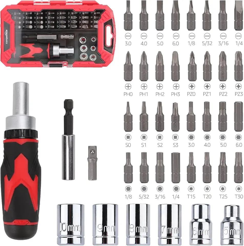 Amazon Basics Magnetisches Ratschen-Schraubendreher-Set, 41-teilig, Silberfarben