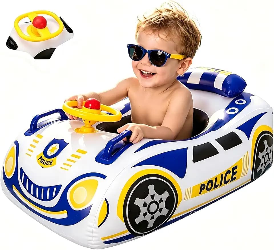 3D Police Car Toddler Pool Float, Inflatable Baby Pool Floaties, Baby Swim Float with Anti-tip Handle and Safety Seat, Beach Pool Toys for Kids Infant 1-3, 2-4, 3-5 Years Old