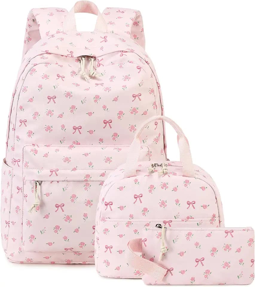 Bluboon Teen Girls School Backpack Kids Bookbag Set with Lunch Box Pencil Case Travel Laptop Backpack Casual Daypacks (Pink bow tie)