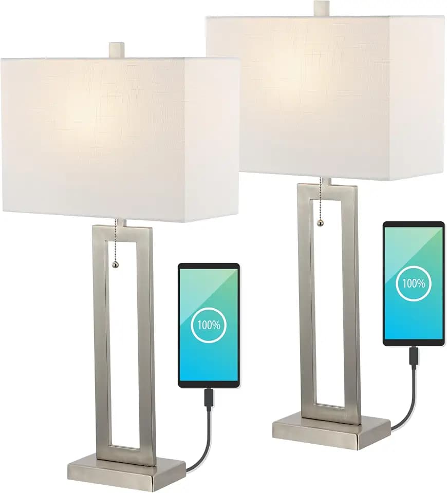 JONATHAN Y Sabrina 28.5" Metal USB Industrial Lamp, Nickel, Set of 2