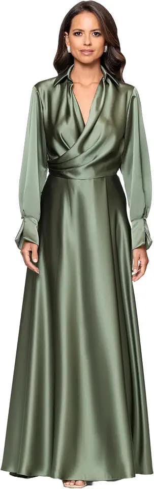 Xscape Women's Satin Long Sleeve Collared Neck Floor Length Dress