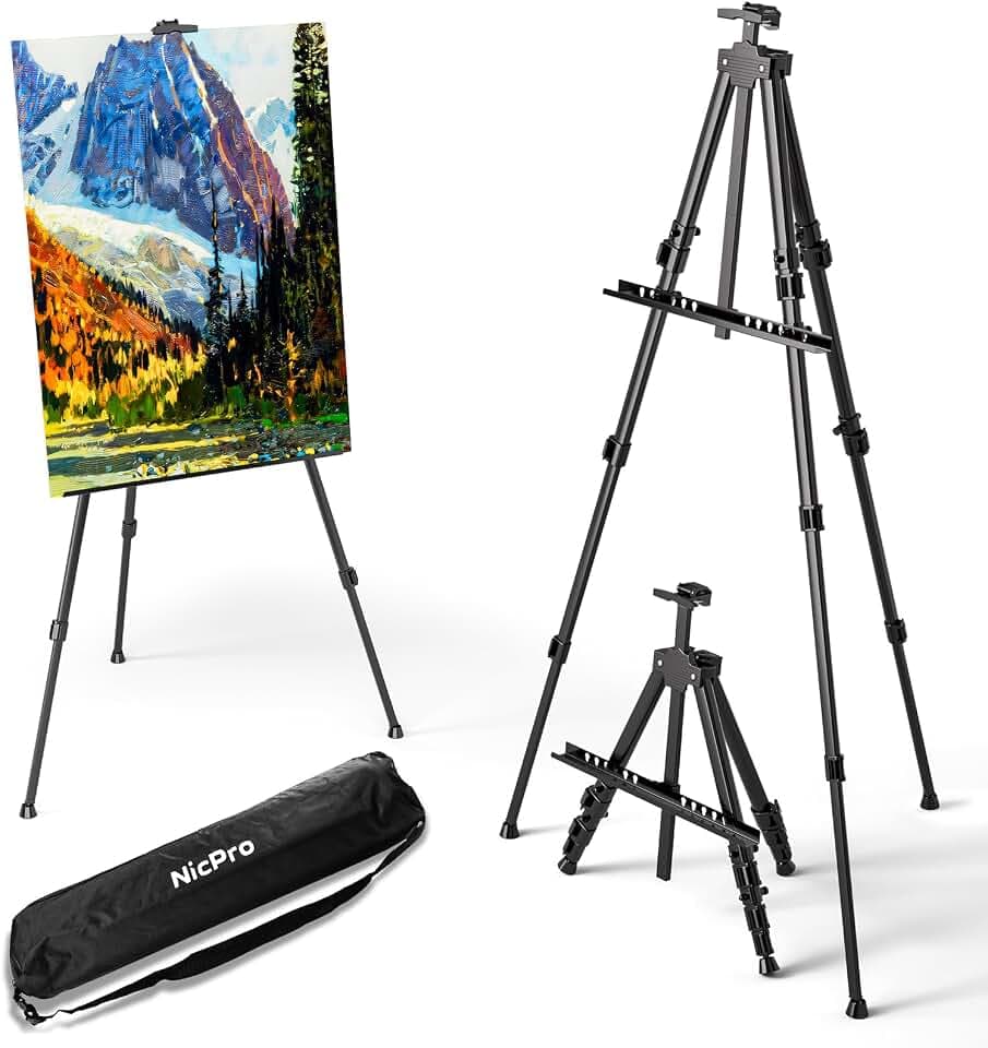 Nicpro Staffelei für Schilder – 1 Packung schwarze Aluminium-Staffeleien mit Dreibein, höhenverstellbar von 43 bis 168 cm, für Tisch-/Bodenmalerei, Displays, Poster, Leinwand | mit Aufbewahrungstasche