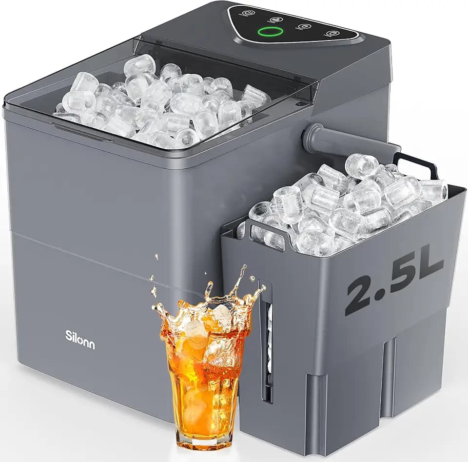 Silonn Countertop Ice Maker with Expanding 2.5L Ice Basket, 26.5lbs/24H, 9 Cubes in 6 Mins, Self-Cleaning Ice Maker with LED Touch Control, 2 Bullet Ice Sizes for Home, Kitchen, Office, Grey