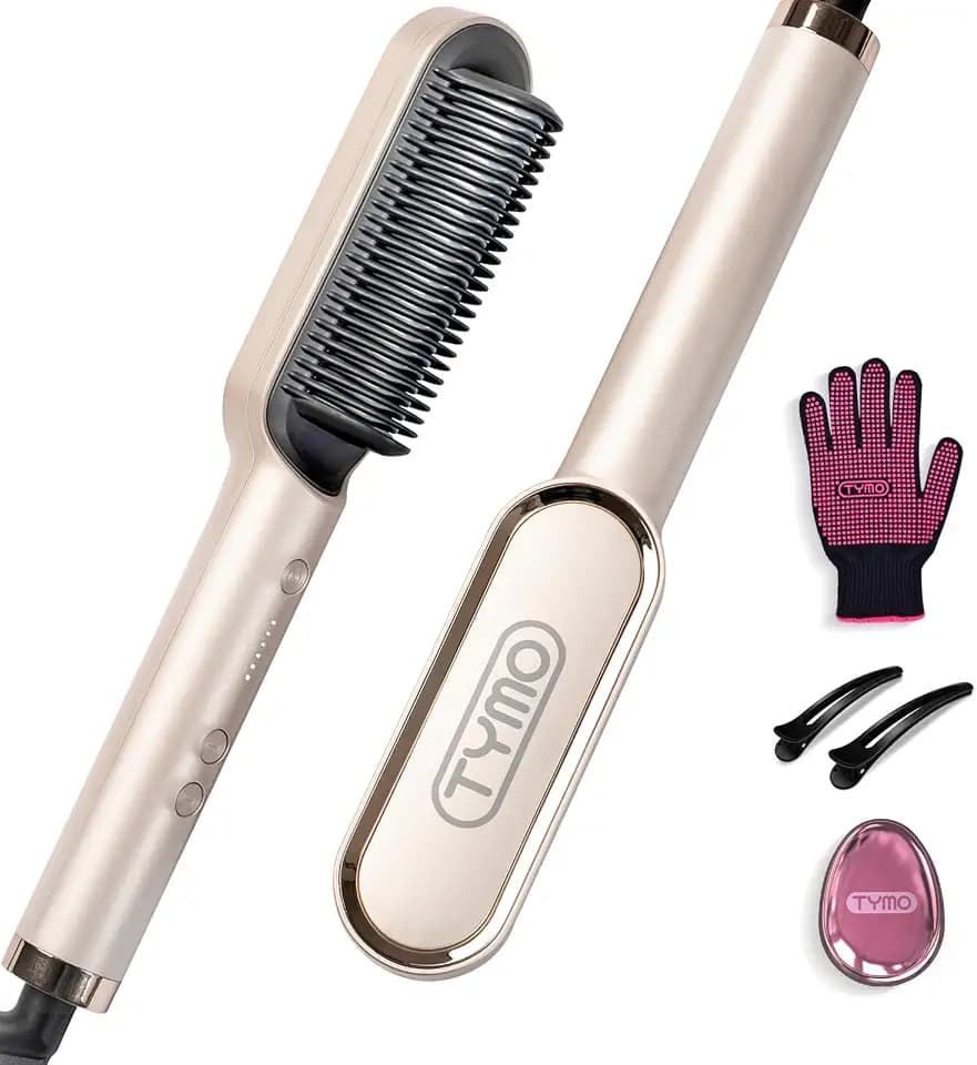 TYMO RING Glättbürste Haarglätter Bürste - Keramik Glätteisen und Haarbürste 2 in 1, Elektrische Verbrühungsschutz Glättungsbürste Kamm, 25s Schneller Aufheizen, 5 Temp Einstellungen, Gold
