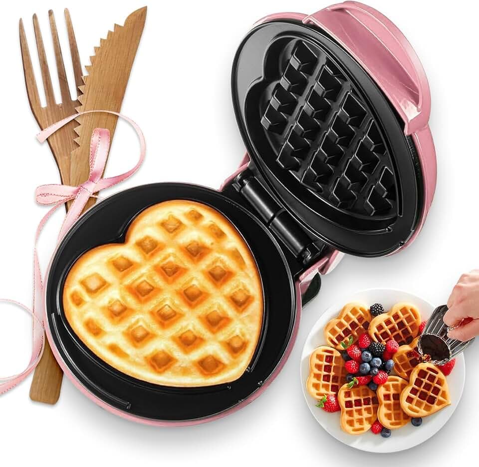 Mini Waffeleisen Herzform, 10 cm Antihaft Waffel Maker, Kleine Waffelmaschine Für Kinder Familie Und Singles, 350W Schnellheizung, Kompakt Und Tragbar(Rosa）