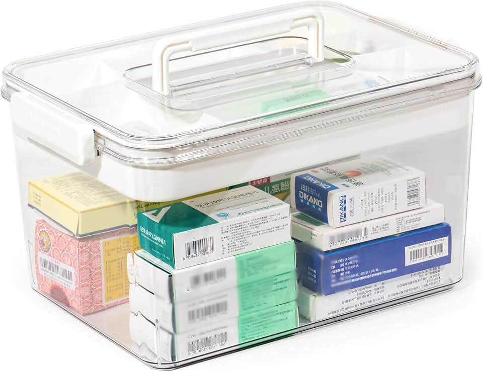 Theo&Cleo Medikamenten Aufbewahrung, Groß Medikamentenbox, Medizinbox, Hausapotheke box, Aufbewahrungsbox for medicine (Transparent-XL)