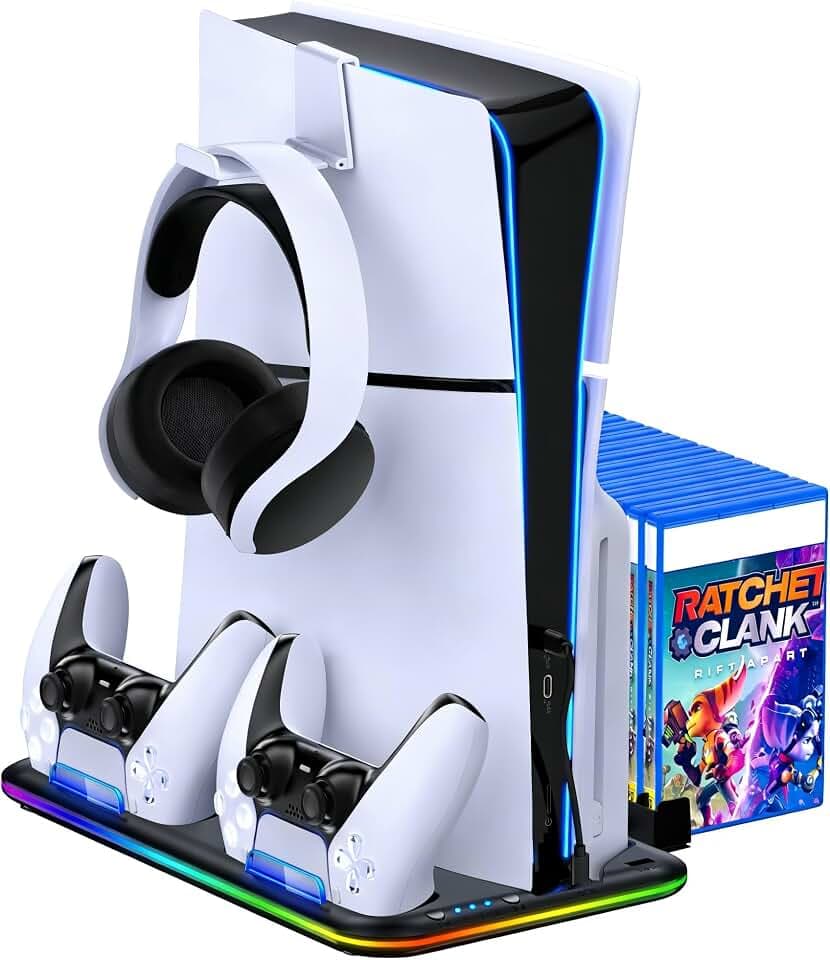 PS5 Stand Kühlstation für PS5/PS5 Slim/PS5 Pro,Vertikalständer mit Ultra-Lüfter und Buntem Licht, Headset-Halterung,PS5-Zubehör,Schwarz