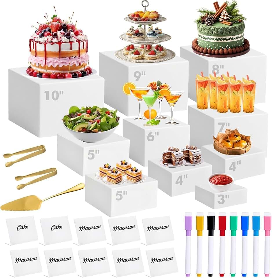 10 Pcs Buffet Risers with Mini Sign and Maker Serving Tongs Cake Cutter, White Acrylic Food Display Stands for Buffet Table Party Catering Dessert Nesting Cube Boxes with Hollow Bottoms (10",9",8",7",6",5",5",4",4",3")
