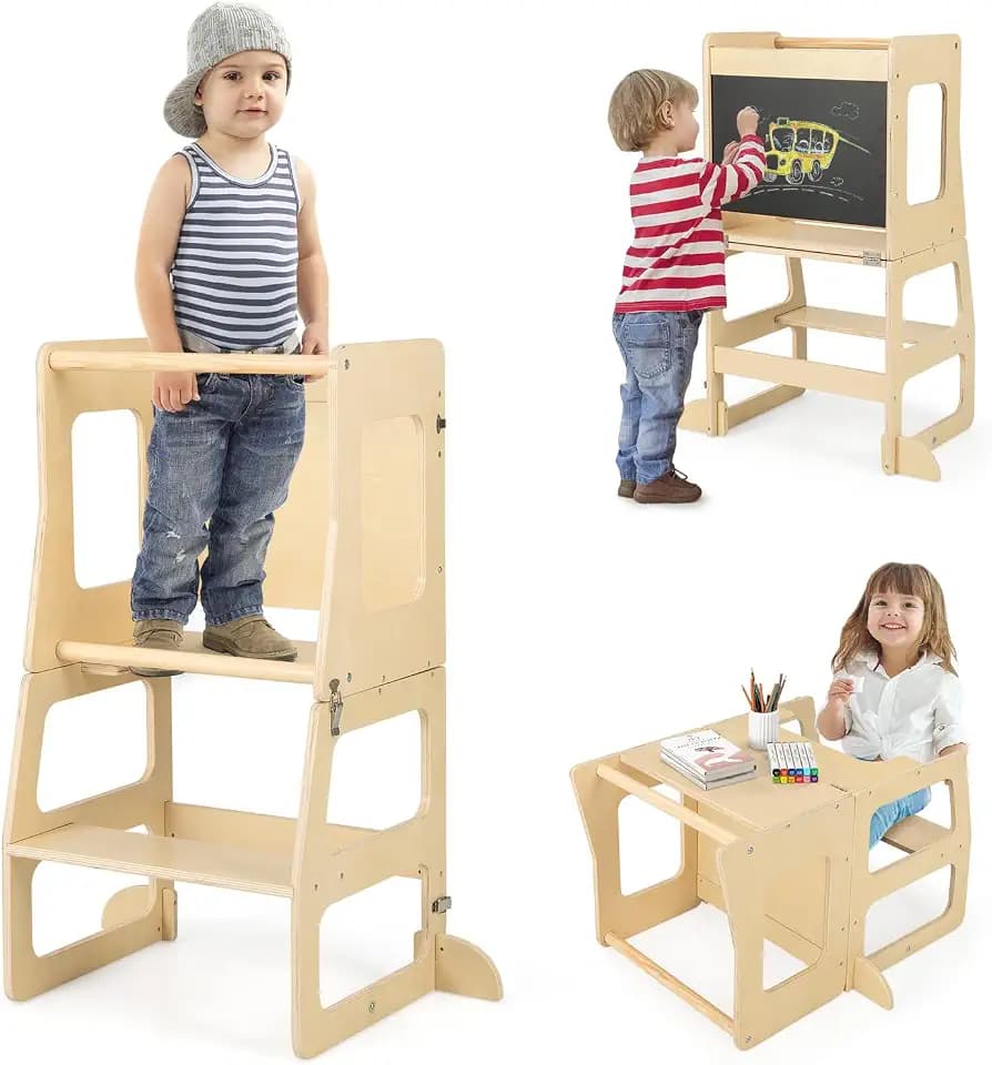 COSTWAY 3 in 1 Lernturm Kinder, klappbarer Tritthocker & Tafel & Kindertisch-Set, Trittschemel Montessori, Stehturm Lernstuhl für Kinderzimmer Küche Badezimmer ab 1 Jahre, Natur