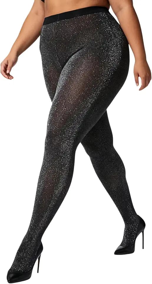 Women's Plus Size Sparkly Metallic Shimmer Tights, 50D High Waist Glitter Pantyhose for Party/Evening Wear